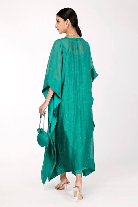 Shop Komal Shah Green Inner Butter Crepe, Kaftan Chanderi Badla, Mukaish Round Embroidered at Aza Fashions Shop_Komal Shah_Green Inner Butter Crepe, Kaftan Chanderi Badla, Mukaish Round Embroidered_at_Aza_Fashions