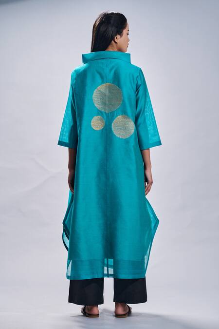 Shop Taika By Poonam Bhagat Blue Tunic Chanderi Embroidered Gold Polkas Collared Neck And Pant Set at Aza Fashions Shop_Taika By Poonam Bhagat_Blue Tunic Chanderi Embroidered Gold Polkas Collared Neck And Pant Set _at_Aza_Fashions