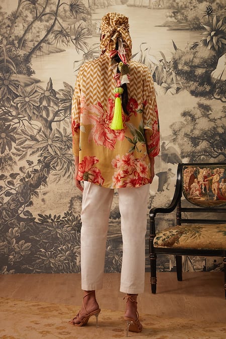 Shop Kalista Yellow Cotton Satin, Viscose Embroidery Collared Jasmin Printed Tunic And Pant Set at Aza Fashions Shop_Kalista_Yellow Cotton Satin, Viscose Embroidery Collared Jasmin Printed Tunic And Pant Set _at_Aza_Fashions