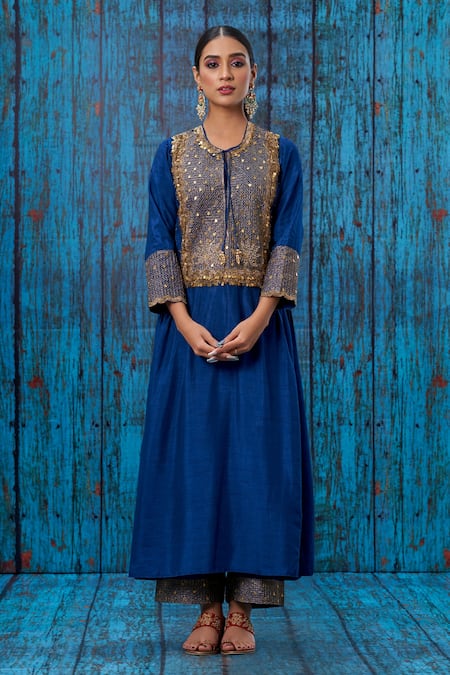 Shop_Label Niti Bothra_Blue Silk Zari Jaal Round Embroidered Yoke Kurta And Palazzo Set _at_Aza_Fashions