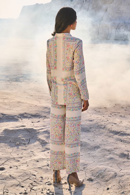 Shop Dash And Dot Ivory Tencel Embroidery Collared Shawl Flower Vine Print Shirt And Pant Set at Aza Fashions Shop_Dash And Dot_Ivory Tencel Embroidery Collared Shawl Flower Vine Print Shirt And Pant Set _at_Aza_Fashions