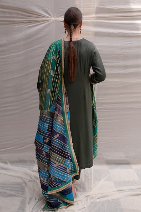 Priyanka Raajiv_Blue Silk, Cotton, Tissue, Satin, Brocade, Meenakshi Stripe Embroidered Dupatta _Online_at_Aza_Fashions