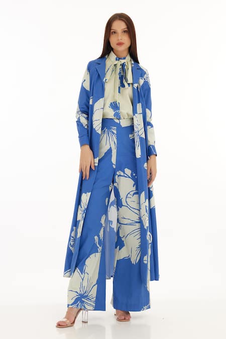 Shop Koai Blue Poplin Cotton Floral Pattern Pant at Aza Fashions Shop_Koai_Blue Poplin Cotton Floral Pattern Pant _at_Aza_Fashions