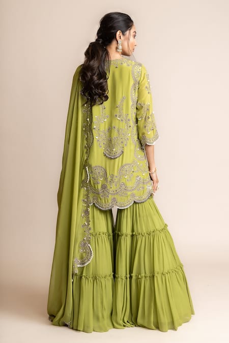 Shop_Nupur Kanoi_Green Crepe, Canvas Mirrors, Sequins, Smocking Round Hand Embroidered Kurta Set _at_Aza_Fashions