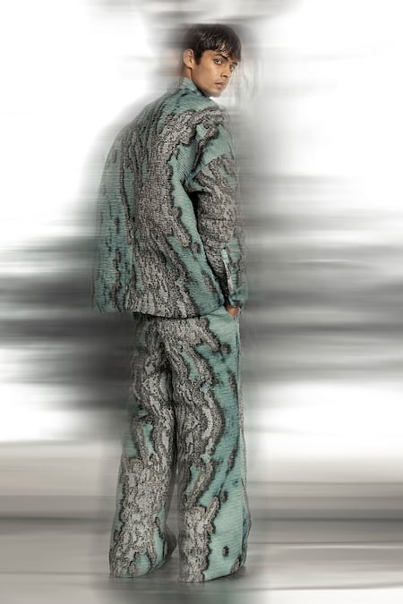 Shop_Abhishek Sharma_Blue Polyester Coast Print Anti-fit Jacket With Trouser _at_Aza_Fashions
