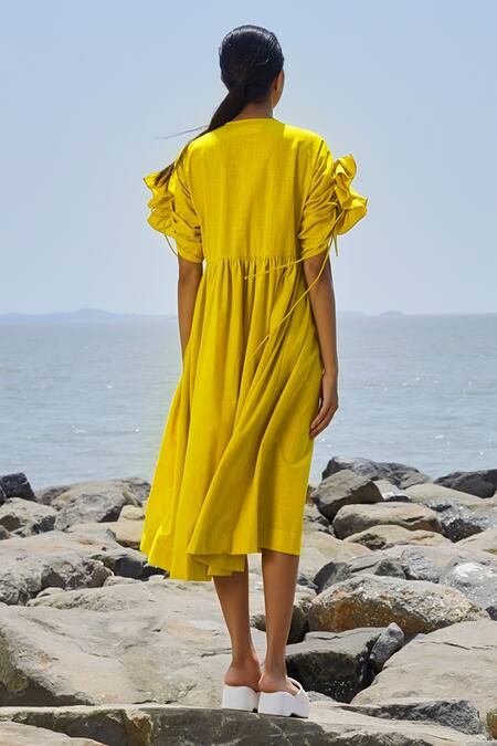 Shop MATI_1 Yellow Cotton V-neck Ruffled Sleeve Midi Dress at Aza Fashions Shop_MATI_1_Yellow Cotton V-neck Ruffled Sleeve Midi Dress_at_Aza_Fashions