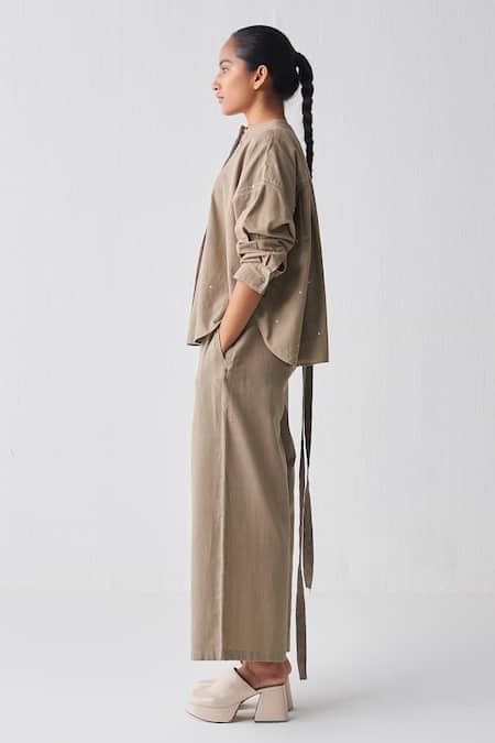 Shop_Three_Grey Handloom Cotton Plain High Waisted Pant _at_Aza_Fashions