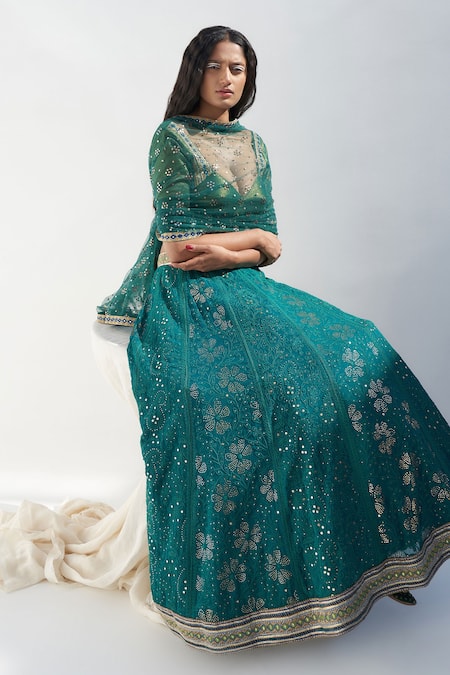 Shop Nadima Saqib Green Tissue, Georgette, Tulle Embroidery, Mirrors V-neck Lucknowi Lehenga Set at Aza Fashions Shop_Nadima Saqib_Green Tissue, Georgette, Tulle Embroidery, Mirrors V-neck Lucknowi Lehenga Set _at_Aza_Fashions