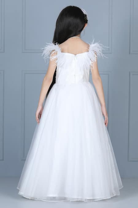 Shop_The Little Celebs_White Silk, Net Pearls, Smocking Embroidered Bodice Gown _at_Aza_Fashions