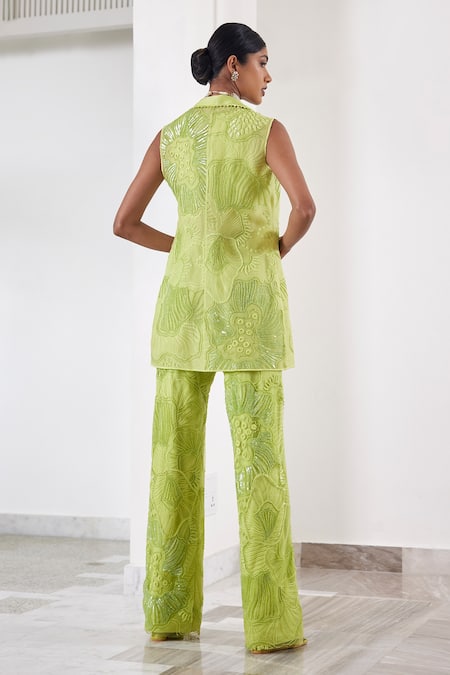 Shop_Mishru_Green Organza Beads, Sequins, Crystals Square Lesly Embroidered Blazer Pant Set _at_Aza_Fashions