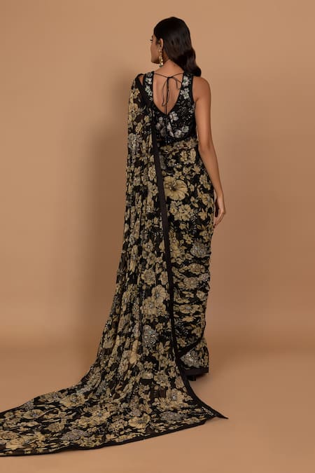 Shop_Varun Bahl_Black Organza Beads V-neck Embroidered Saree With Blouse _at_Aza_Fashions