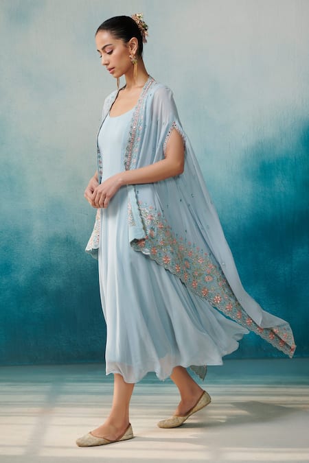 SUHINO Georgette Dress With Embroidered Cape 