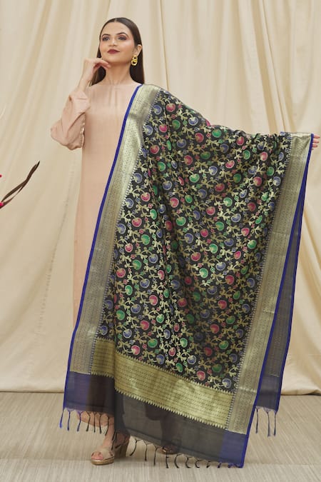 Shop Naintara Bajaj Black Silk Embroidery Woven Banarasi Art Dupatta at Aza Fashions Shop_Naintara Bajaj_Black Silk Embroidery Woven Banarasi Art Dupatta _at_Aza_Fashions