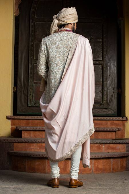 Shop_Nitika Gujral_Beige Floral Embroidered Border Stole _at_Aza_Fashions