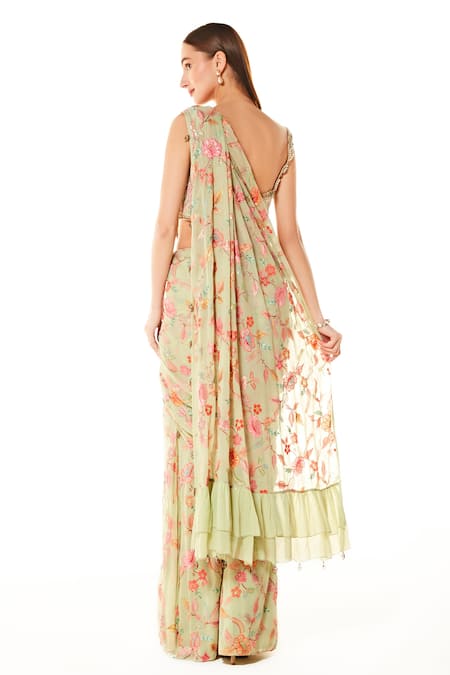 Shop Rabani & Rakha Green Georgette Beads, Embroidery Square Sairaa Pre-stitched Saree With Blouse at Aza Fashions Shop_Rabani & Rakha_Green Georgette Beads, Embroidery Square Sairaa Pre-stitched Saree With Blouse _at_Aza_Fashions