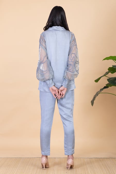 Shop Chambray & CO. Grey Silk Embroidery Collared Iza Shirt And Pant Set at Aza Fashions Shop_Chambray & CO._Grey Silk Embroidery Collared Iza Shirt And Pant Set _at_Aza_Fashions