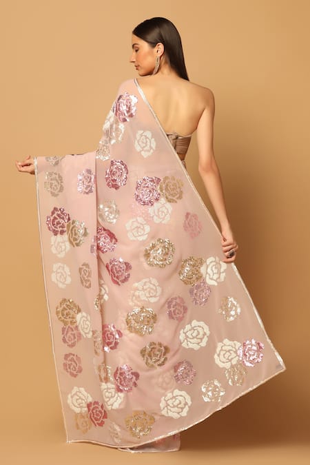 Shop Two Sisters By Gyans Pink Georgette Sequins Rosette Embroidered Saree With Unstitched Blouse Fabric at Aza Fashions Shop_Two Sisters By Gyans_Pink Georgette Sequins Rosette Embroidered Saree With Unstitched Blouse Fabric _at_Aza_Fashions