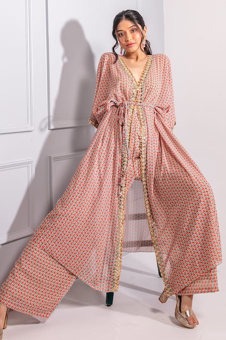 Ria Shah Label Floral Print Kaftan & Wide Pant Set 