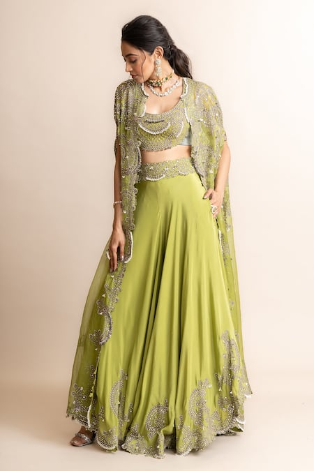 Shop Nupur Kanoi Green Crepe, Satin, Georgette Studs, Embroidered Gather Cape And Sharara Set at Aza Fashions Shop_Nupur Kanoi_Green Crepe, Satin, Georgette Studs, Embroidered Gather Cape And Sharara Set _at_Aza_Fashions