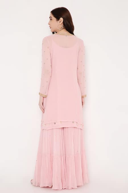 Shop Bha Sha Pink Georgette, Net Beads, Sequins Open Chandani Embroidered Jacket Sharara Set at Aza Fashions Shop_Bha Sha_Pink Georgette, Net Beads, Sequins Open Chandani Embroidered Jacket Sharara Set _at_Aza_Fashions