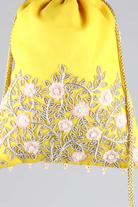 ClutcH'D Yellow Embroidery, Pearls, Sequins Floral Potli Bag Online at Aza Fashions ClutcH'D_Yellow Embroidery, Pearls, Sequins Floral Potli Bag _Online_at_Aza_Fashions