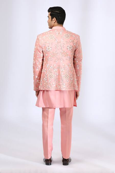 Shop_Neha Gursahani_Peach Jacket Satin Linen, Kurta And Pant Chanderi Thread, Embroidered Set _at_Aza_Fashions