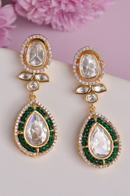 Curio Cottage Gold Plated Semi Precious Kundan Stones And Crystals Embellished Drop Earrings