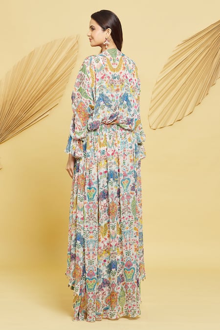 Shop Rajat K Tangri Ivory Crepe, Georgette Tassels Botanical Pattern Ruched Jacket And Pant Set at Aza Fashions Shop_Rajat K Tangri_Ivory Crepe, Georgette Tassels Botanical Pattern Ruched Jacket And Pant Set _at_Aza_Fashions