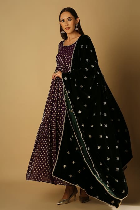 Monk & Mei By Sonia Anand Purple Velvet, Brocade, Georgette Embroidery Reah Flared Anarkali With Dupatta Online at Aza Fashions Monk & Mei By Sonia Anand_Purple Velvet, Brocade, Georgette Embroidery Reah Flared Anarkali With Dupatta _Online_at_Aza_Fashions