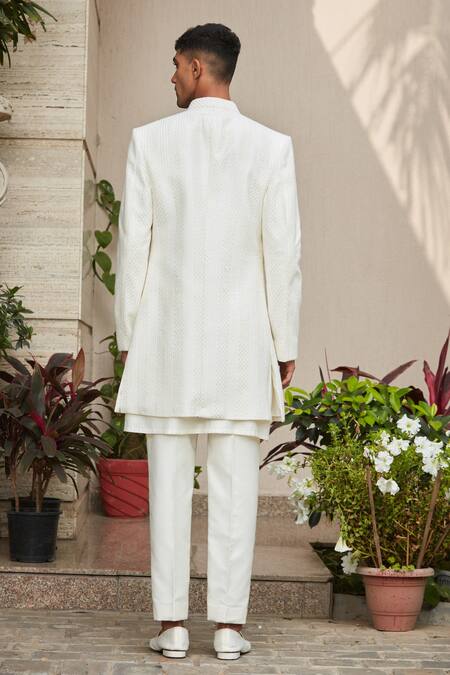 Shop Bohame Off White Georgette, Cotton, Silk, Sahirah Chikankari Open Achkan Jacket Set at Aza Fashions Shop_Bohame_Off White Georgette, Cotton, Silk, Sahirah Chikankari Open Achkan Jacket Set_at_Aza_Fashions