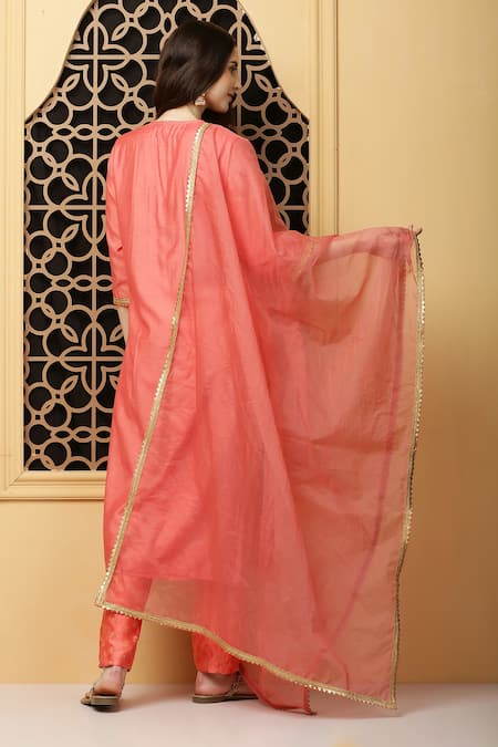 Shop Kefi Collections Peach Cotton, Chanderi, Denim, Organza Gota Patti, Abani Yoke Kurta Set at Aza Fashions Shop_Kefi Collections_Peach Cotton, Chanderi, Denim, Organza Gota Patti, Abani Yoke Kurta Set_at_Aza_Fashions