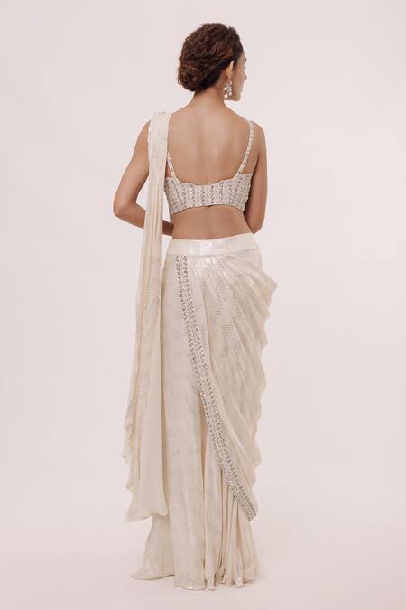 Shop Onaya Off White Chickan Georgette Pre-stitched Chikankari Saree With Blouse at Aza Fashions Shop_Onaya_Off White Chickan Georgette Pre-stitched Chikankari Saree With Blouse_at_Aza_Fashions