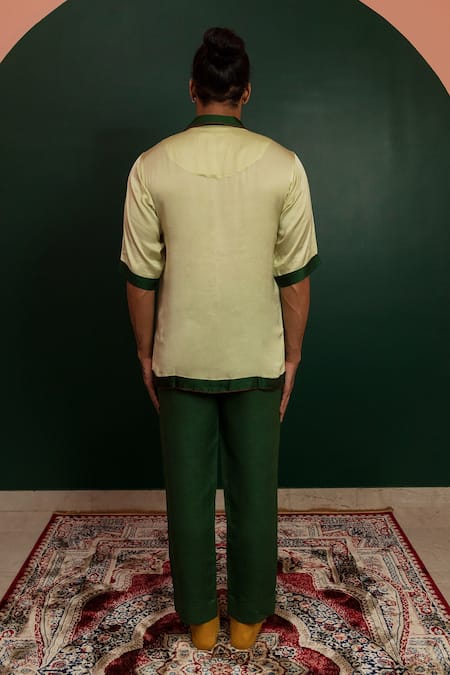 Shop_Artless_Cream Linen Satin Evergreen Half Sleeved Shirt_at_Aza_Fashions