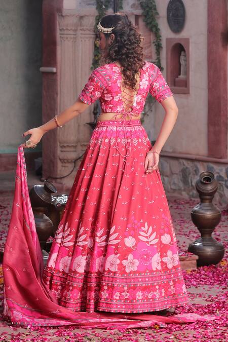 Shop_Show Shaa_Maroon Satin, Tissue, Crepe Sequins, Cut Work, Floral Print Lehenga Set _at_Aza_Fashions