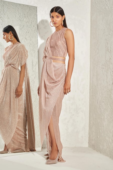 Shop_NAMRATA JOSHIPURA_Pink Crepe Metallic Thread Shimmer Pre-draped Saree_at_Aza_Fashions