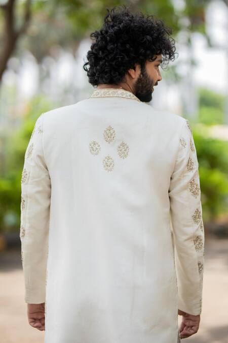 Hilo Design_White , Satin Zari, Embroidery Lysian Sherwani Set _at_Aza_Fashions