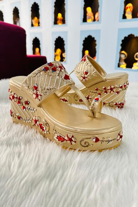 Shop Shiveen Shiveen Gold Embroidered Ananya Wedges at Aza Fashions Shop_Shiveen Shiveen_Gold Embroidered Ananya Wedges _at_Aza_Fashions