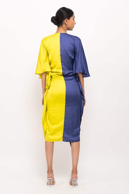 Shop_Neora By Nehal Chopra_Blue V-neck Kaftan Bodycon Dress _at_Aza_Fashions