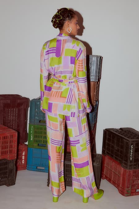 Nirmooha Geometric Print Notched Lapel Collar Jacket 