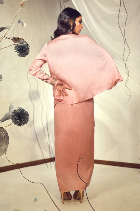 Shop_Babita Malkani_Pink Silk Beads Mandarin Collar Draped Top And Skirt Set _at_Aza_Fashions