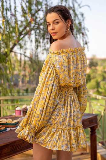 Shop B'Infinite Yellow Satin Off-shoulder Floral Pattern Shirred Dress at Aza Fashions Shop_B'Infinite_Yellow Satin Off-shoulder Floral Pattern Shirred Dress_at_Aza_Fashions