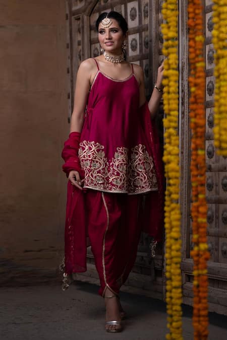 Shop_Leela By A_Maroon Organza, Chanderi Floral, Gota, Zari Embroidered Kurta Dhoti Pant Set _at_Aza_Fashions