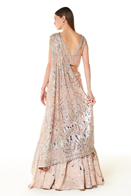 Shop_Rabani & Rakha_Peach Georgette Gota Patti, Pearls, Adha Embroidered Lehenga Saree With Blouse _at_Aza_Fashions