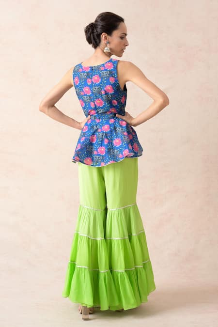 Shop Thetaa Blue Silk, Cotton, Polyester, Georgette Floral Print Peplum Kurta Gharara Set at Aza Fashions Shop_Thetaa_Blue Silk, Cotton, Polyester, Georgette Floral Print Peplum Kurta Gharara Set _at_Aza_Fashions