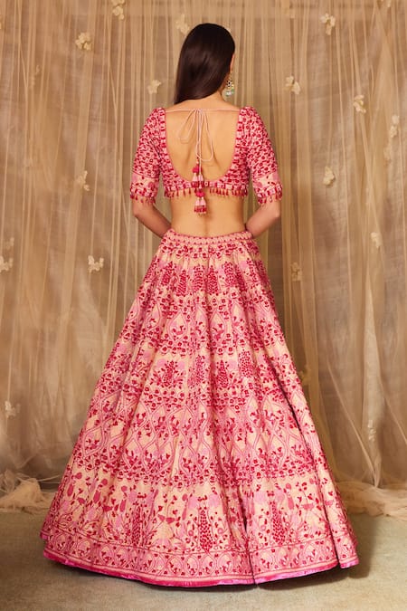 Shop Shyam Narayan Prasad Peach Brocade, Net Tassels, Embroidery, Thread And Work Bridal Lehenga Set at Aza Fashions Shop_Shyam Narayan Prasad_Peach Brocade, Net Tassels, Embroidery, Thread And Work Bridal Lehenga Set _at_Aza_Fashions