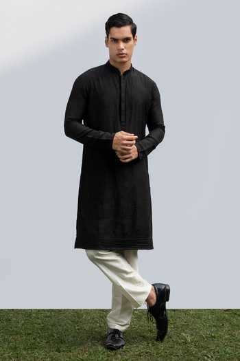 Shop Kaka Calcutta Black Bamboo, Cotton, Silk Pintuck Kurta And Pyjama Pant Set at Aza Fashions Shop_Kaka Calcutta_Black Bamboo, Cotton, Silk Pintuck Kurta And Pyjama Pant Set _at_Aza_Fashions