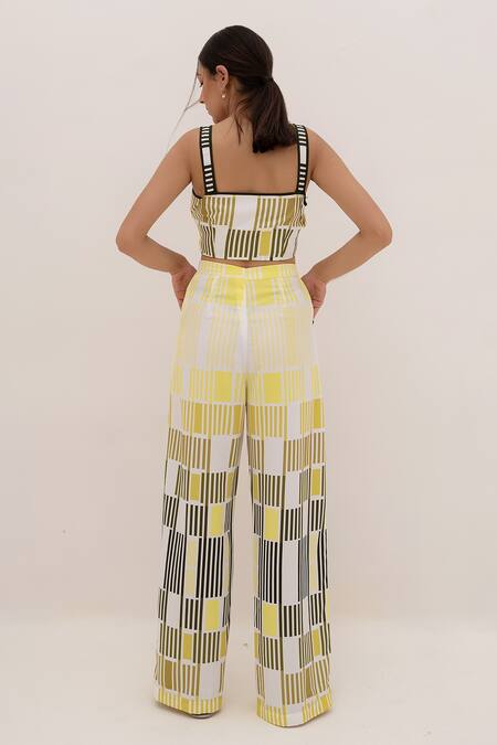 Shop_Kritika Madan Label_Green Papaya Twill Printed Linear Sweetheart Neck Crop Top And Pant Set_at_Aza_Fashions