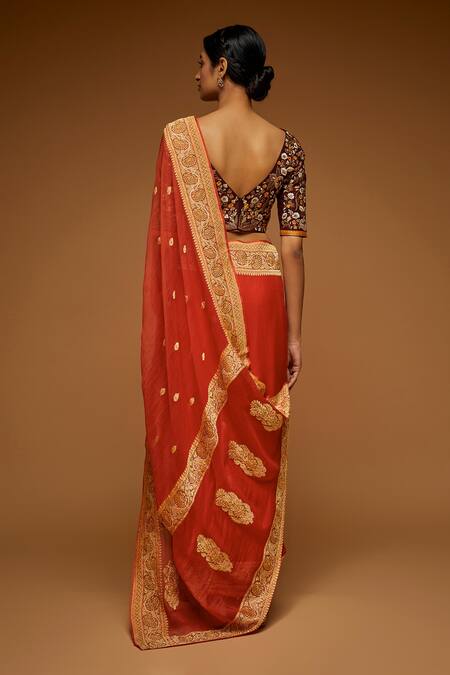 Shop Neeta Lulla Red Chiffon Flower, Mandala Pattern Boat Neck Ida Butti Saree With Blouse at Aza Fashions Shop_Neeta Lulla_Red Chiffon Flower, Mandala Pattern Boat Neck Ida Butti Saree With Blouse_at_Aza_Fashions