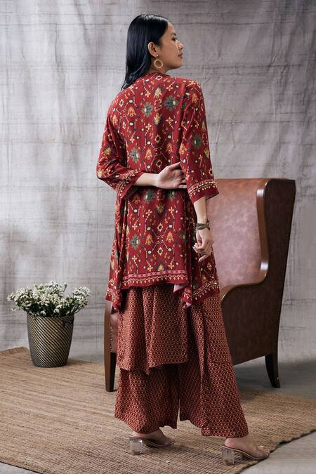 Shop Soup By Sougat Paul Red Crepe Tassels Round Neck, Open Zahra Printed Kurta And Palazzo Set With Jacket at Aza Fashions Shop_Soup By Sougat Paul_Red Crepe Tassels Round Neck, Open Zahra Printed Kurta And Palazzo Set With Jacket _at_Aza_Fashions
