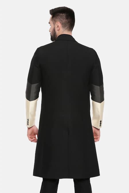 Mayank Modi - Men Black Silk Plain Color Block Trench Jacket  2